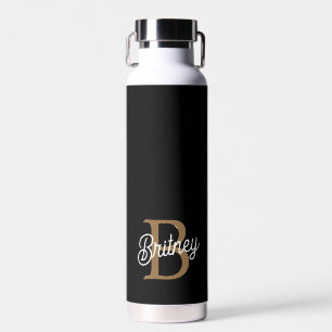 Modern Elegant Monogram Naam Zwart Goud Script Waterfles