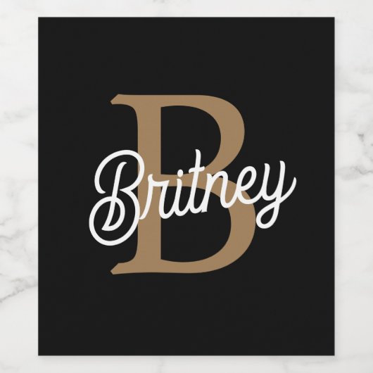 Modern Elegant Monogram Naam Zwart Goud Script Wijn Etiket (Enkel label)