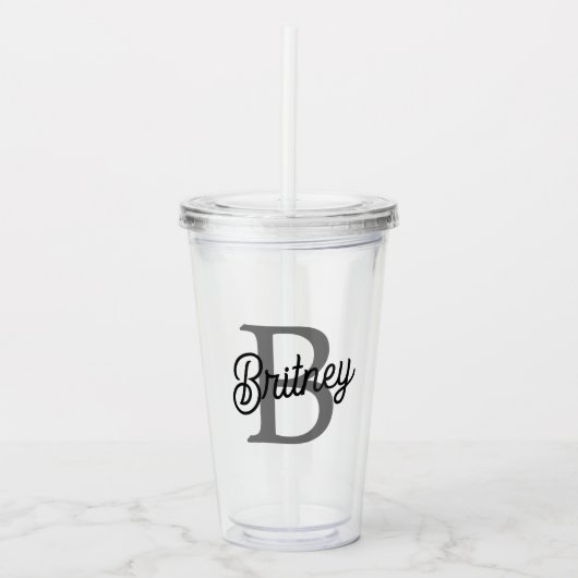 Modern Elegant Monogram Naam Zwart Grijs Script Acryl Drinkbeker (Voorkant)