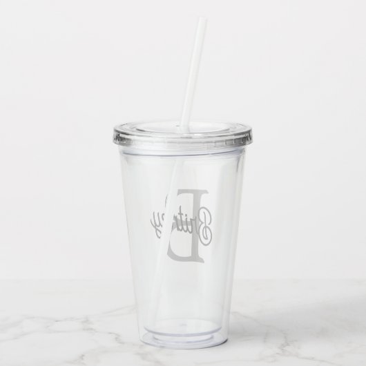 Modern Elegant Monogram Naam Zwart Grijs Script Acryl Drinkbeker (Achterkant)