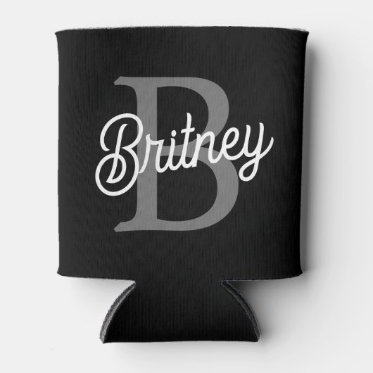 Modern Elegant Monogram Naam Zwart Grijs Script Blikjeskoeler (Voorkant)