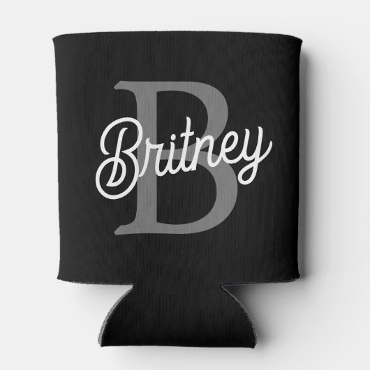 Modern Elegant Monogram Naam Zwart Grijs Script Blikjeskoeler (Achterkant)