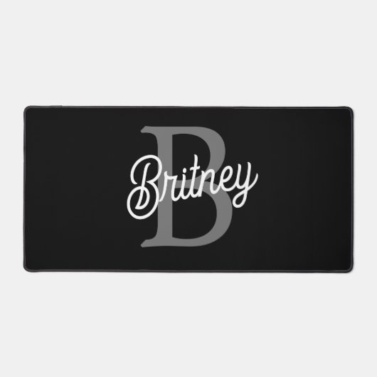 Modern Elegant Monogram Naam Zwart Grijs Script Bureaumat (Voorkant)