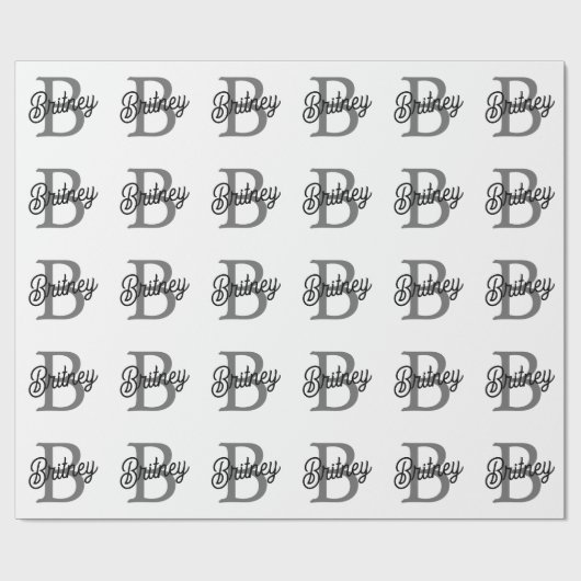 Modern Elegant Monogram Naam Zwart Grijs Script Cadeaupapier (Vlak)