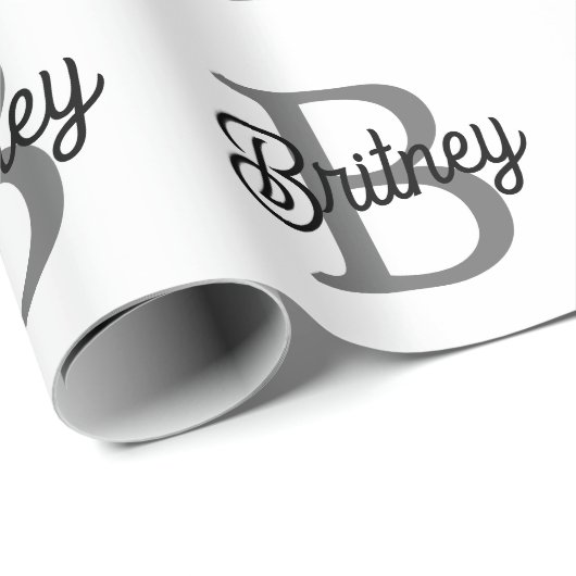 Modern Elegant Monogram Naam Zwart Grijs Script Cadeaupapier (Rol Hoek)