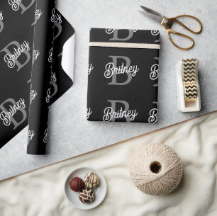 Modern Elegant Monogram Naam Zwart Grijs Script Cadeaupapier