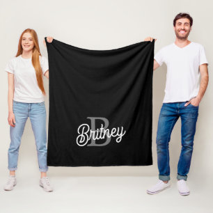 Modern Elegant Monogram Naam Zwart Grijs Script Fleece Deken