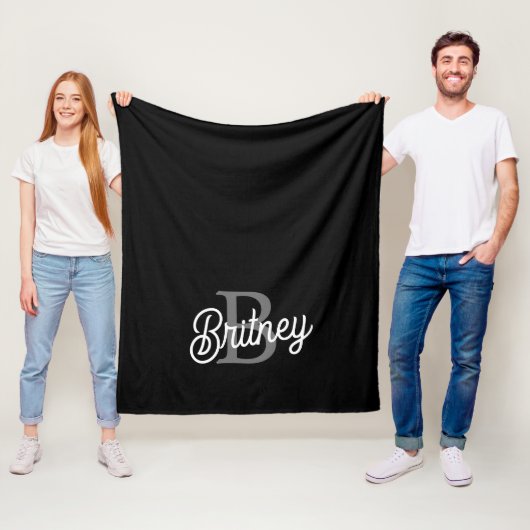 Modern Elegant Monogram Naam Zwart Grijs Script Fleece Deken (In situ)