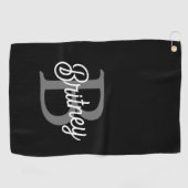 Modern Elegant Monogram Naam Zwart Grijs Script Golfhanddoek (Horizontaal)