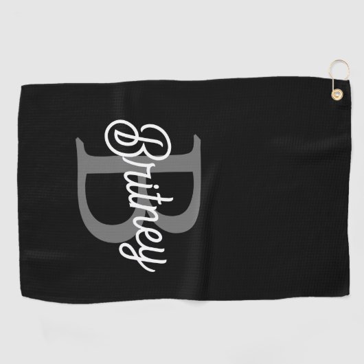 Modern Elegant Monogram Naam Zwart Grijs Script Golfhanddoek (Horizontaal)