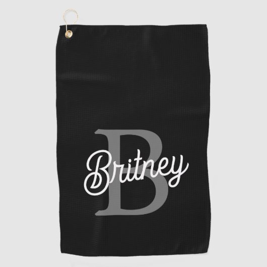 Modern Elegant Monogram Naam Zwart Grijs Script Golfhanddoek (Voorkant)