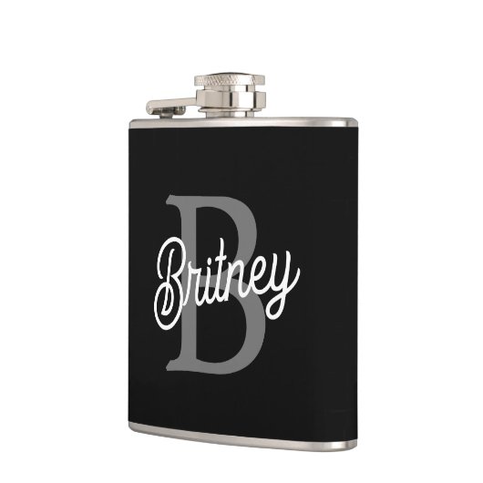 Modern Elegant Monogram Naam Zwart Grijs Script Heupfles (Links)