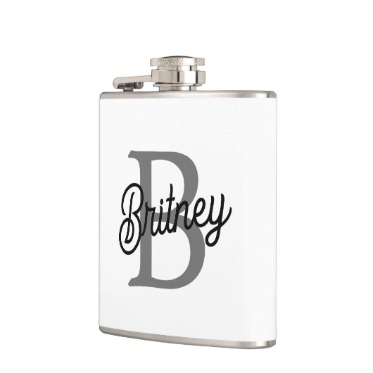 Modern Elegant Monogram Naam Zwart Grijs Script Heupfles (Links)