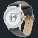 Modern Elegant Monogram Naam Zwart Grijs Script Horloge<br><div class="desc">De Modern Elegant Monogram Name Black Grey Script Watch is een mix van tijdloze elegantie en persoonlijke stijl. Dit verfijnde uurwerk is voorzien van een klassieke zwarte wijzerplaat met een elegant grijs script dat uw aangepaste monogram en naam weergeeft. Het ontwerp combineert een strakke en ingetogen esthetiek met de bruikbaarheid...</div>