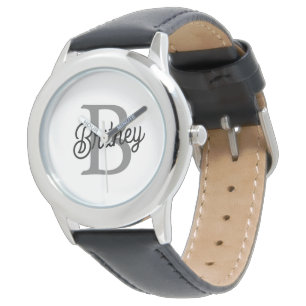 Modern Elegant Monogram Naam Zwart Grijs Script Horloge