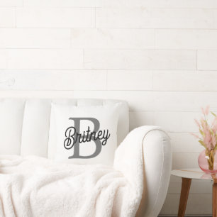 Modern Elegant Monogram Naam Zwart Grijs Script Kussen