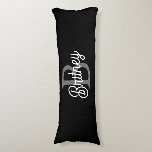 Modern Elegant Monogram Naam Zwart Grijs Script Lichaamskussen (Voorkant Verticaal)