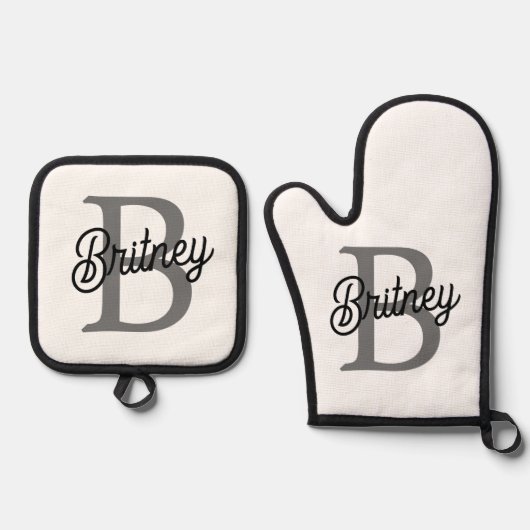 Modern Elegant Monogram Naam Zwart Grijs Script Ovenwant & Pannenlap Set (Voorkant)