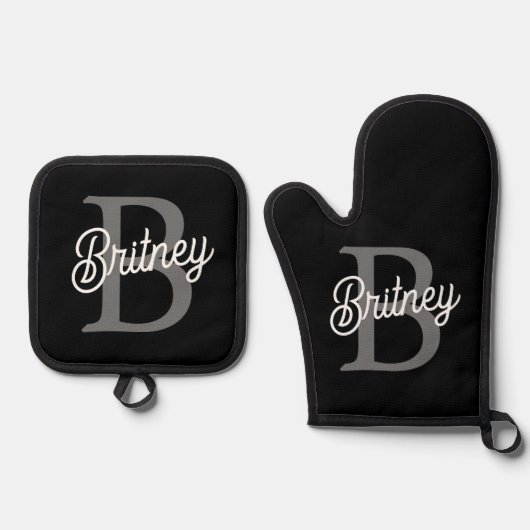 Modern Elegant Monogram Naam Zwart Grijs Script Ovenwant & Pannenlap Set (Voorkant)