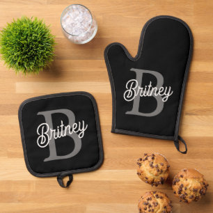 Modern Elegant Monogram Naam Zwart Grijs Script Ovenwant & Pannenlap Set
