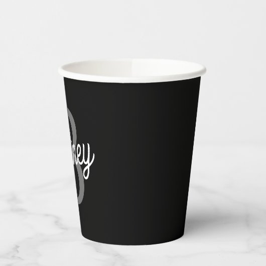 Modern Elegant Monogram Naam Zwart Grijs Script Papieren Bekers (Links)