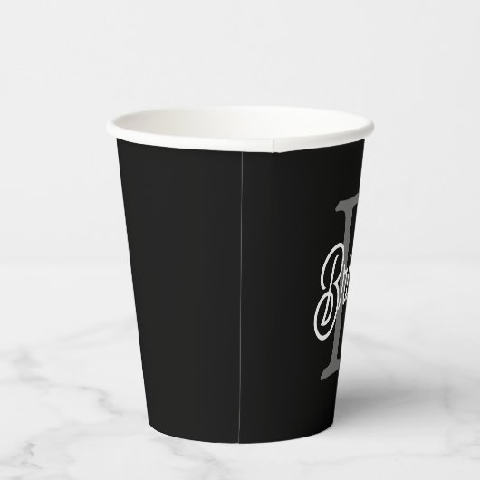 Modern Elegant Monogram Naam Zwart Grijs Script Papieren Bekers (Rechts)