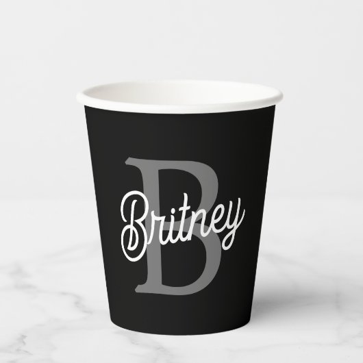 Modern Elegant Monogram Naam Zwart Grijs Script Papieren Bekers (Voorkant)