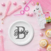 Modern Elegant Monogram Naam Zwart Grijs Script Papieren Bordje (Feest)