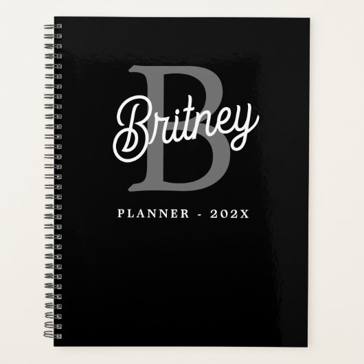 Modern Elegant Monogram Naam Zwart Grijs Script Planner (Voorkant)