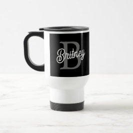 Modern Elegant Monogram Naam Zwart Grijs Script Reisbeker