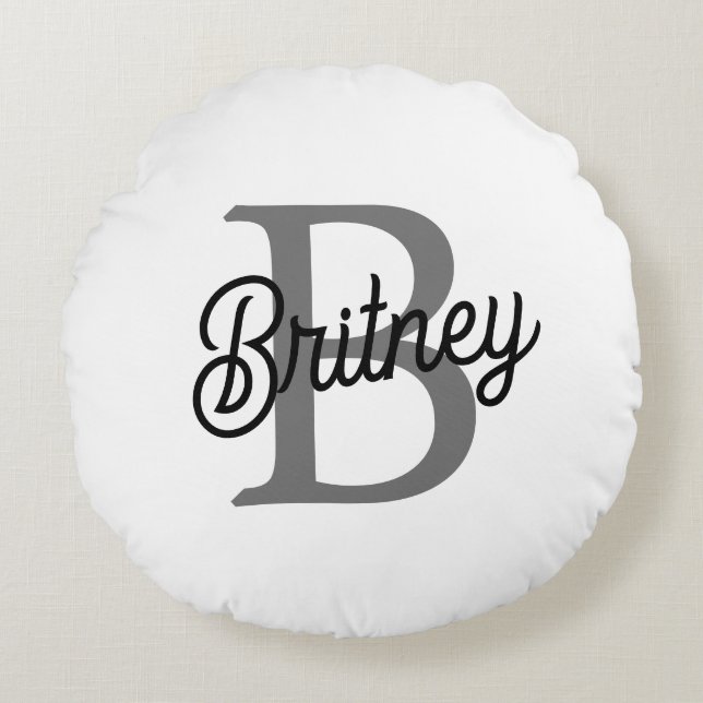 Modern Elegant Monogram Naam Zwart Grijs Script Rond Kussen (Voorkant)