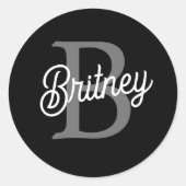 Modern Elegant Monogram Naam Zwart Grijs Script Ronde Sticker (Voorkant)