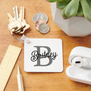 Modern Elegant Monogram Naam Zwart Grijs Script Sleutelhanger
