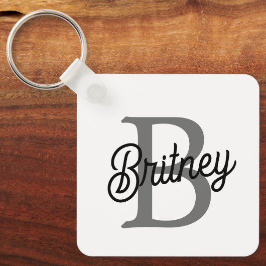 Modern Elegant Monogram Naam Zwart Grijs Script Sleutelhanger (Voorkant)