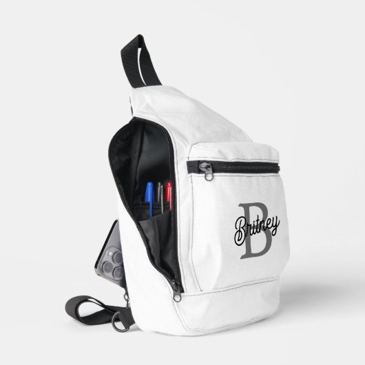 Modern Elegant Monogram Naam Zwart Grijs Script Sling Bag (Open)