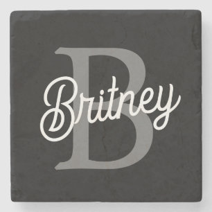 Modern Elegant Monogram Naam Zwart Grijs Script Stenen Onderzetter