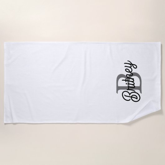 Modern Elegant Monogram Naam Zwart Grijs Script Strandlaken (Voorkant)