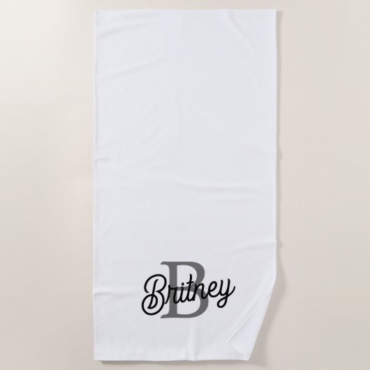 Modern Elegant Monogram Naam Zwart Grijs Script Strandlaken (Voorkant)