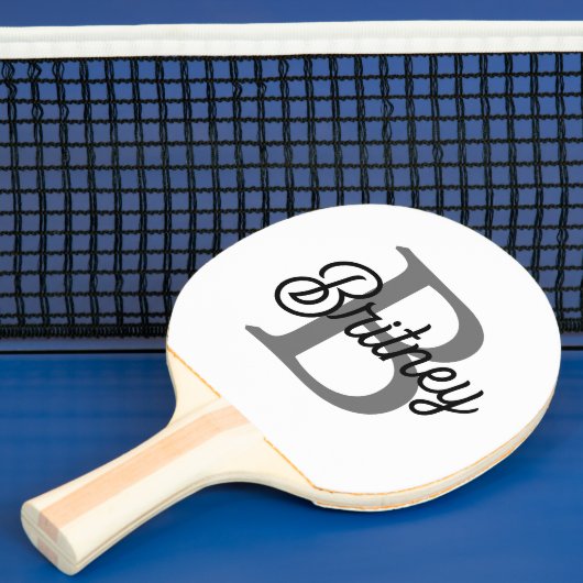 Modern Elegant Monogram Naam Zwart Grijs Script Tafeltennisbatje (Insitu)