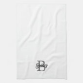 Modern Elegant Monogram Naam Zwart Grijs Script Theedoek (Verticaal)