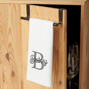 Modern Elegant Monogram Naam Zwart Grijs Script Theedoek