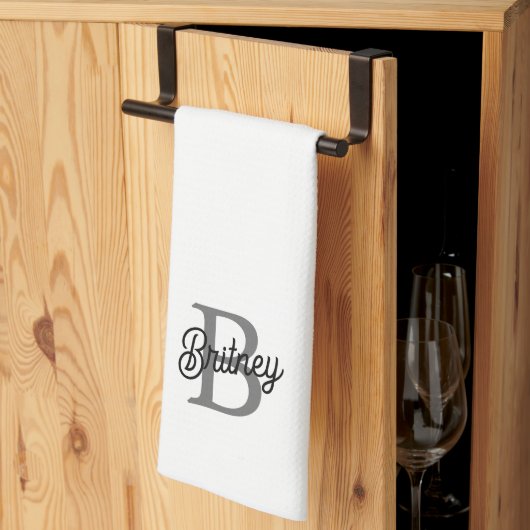 Modern Elegant Monogram Naam Zwart Grijs Script Theedoek (Derde Gevouwen)