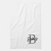 Modern Elegant Monogram Naam Zwart Grijs Script Theedoek (Verticaal)