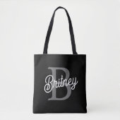 Modern Elegant Monogram Naam Zwart Grijs Script Tote Bag (Voorkant)