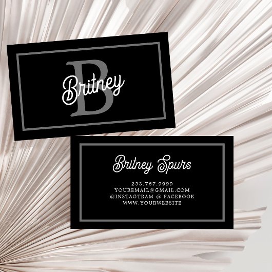 Modern Elegant Monogram Naam Zwart Grijs Script Visitekaartje