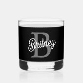 Modern Elegant Monogram Naam Zwart Grijs Script Whisky Glas (Voorkant)