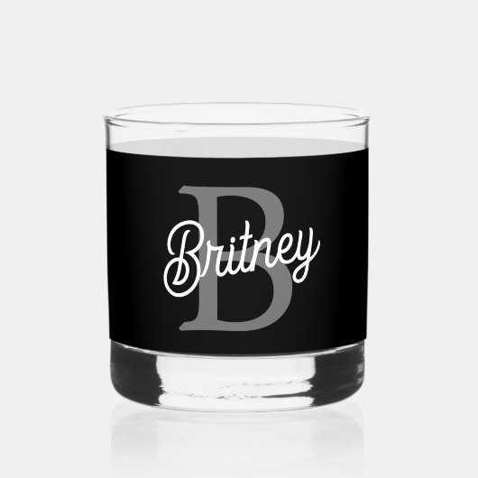 Modern Elegant Monogram Naam Zwart Grijs Script Whisky Glas (Voorkant)