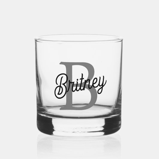 Modern Elegant Monogram Naam Zwart Grijs Script Whisky Glas (Voorkant)