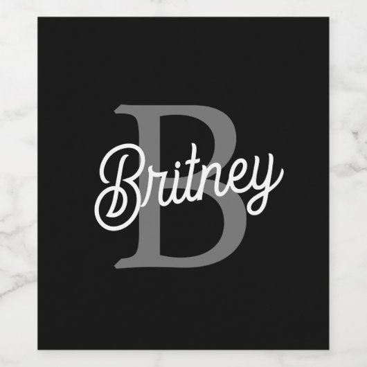 Modern Elegant Monogram Naam Zwart Grijs Script Wijn Etiket (Enkel label)