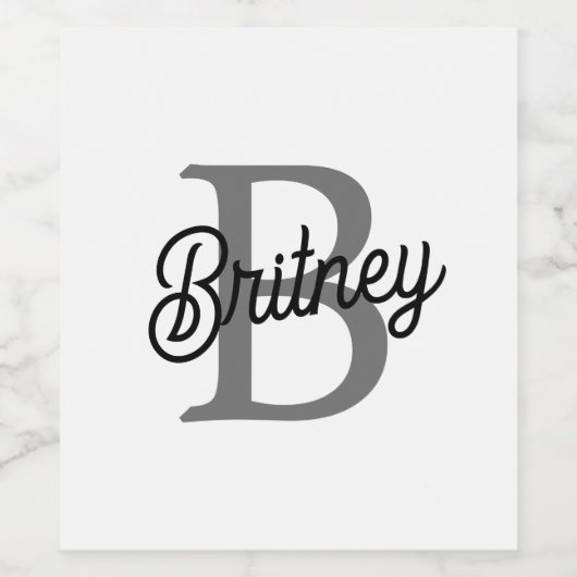 Modern Elegant Monogram Naam Zwart Grijs Script Wijn Etiket (Enkel label)